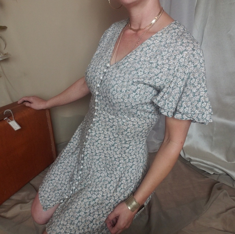 Vintage Mint Green Floral Button-Front Dress - Picture 4 of 7